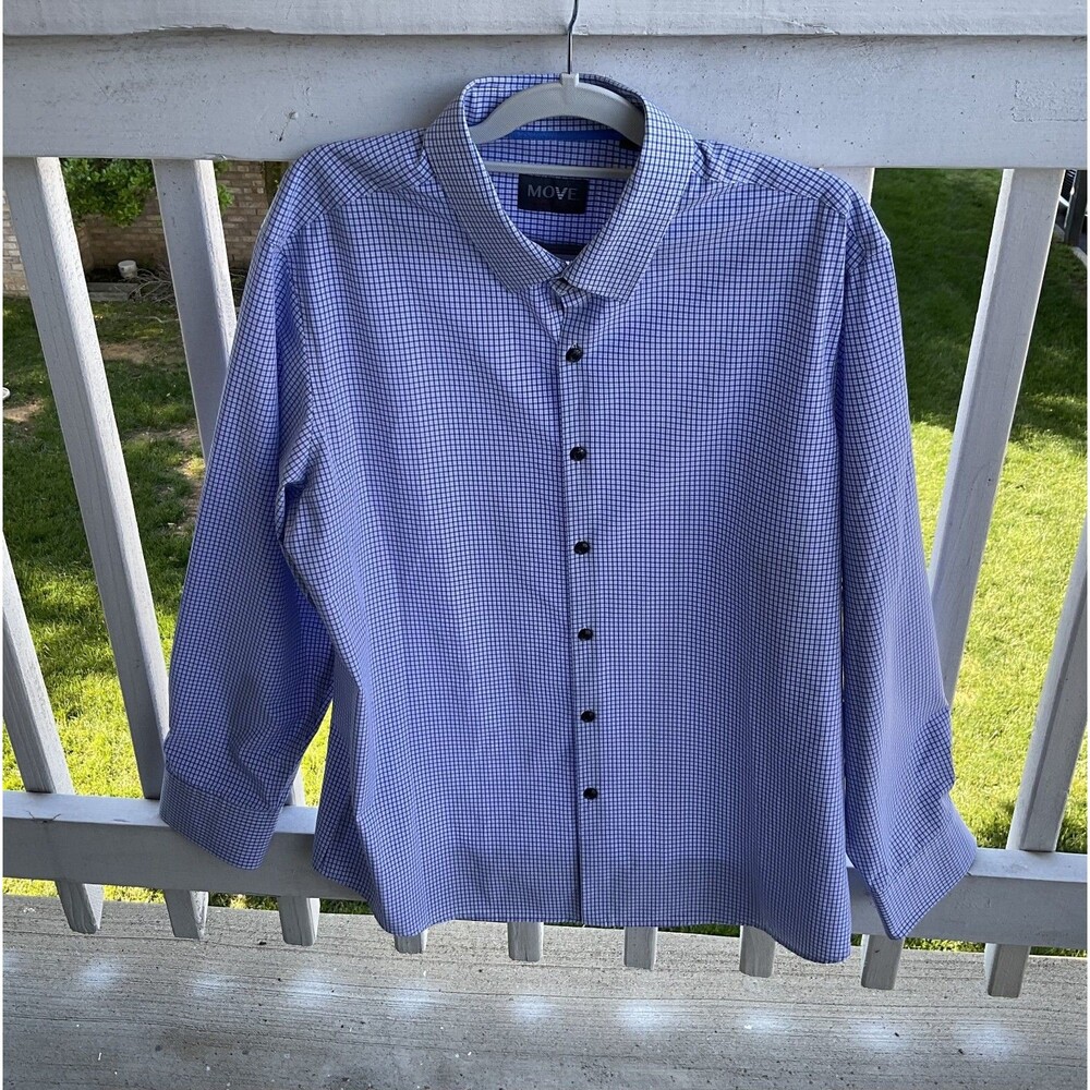 Move Perfomance Apparel Mens Blue/White Check Long Sleeve Dress Shirt XL